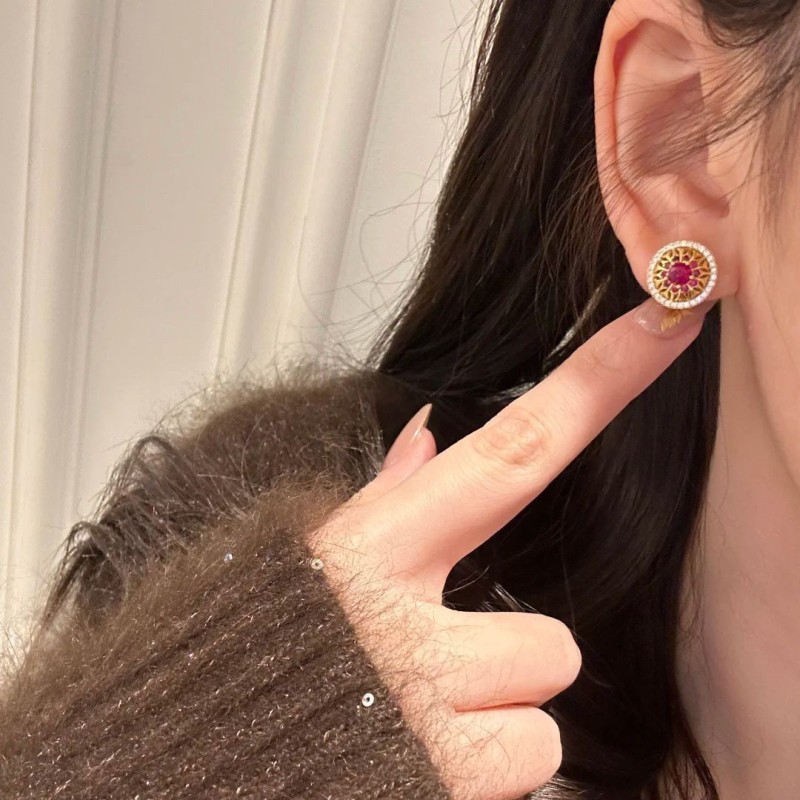 New Chinese Style Ruby Rose Flower Window Earrings Light Luxury Full Diamond Textured Carved Gold Red Corundum Earrings for Women