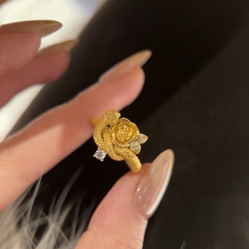 Snake and Rose Ring for Women, Niche Design with a Sense of Sophistication, Gold-Plated Zodiac Snake Ring for the Year of Birth, National Trend Style