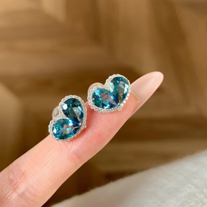 Simple Elegant Versatile Jelly Butterfly Stud Earrings Light Luxury Super Fairy Inlaid Diamond London Blue Heart Bow Earrings for Women