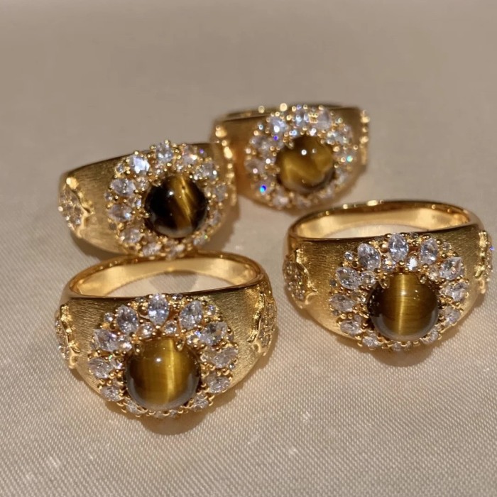 Vintage Brushed Melad Natural Tiger Eye Stone Ring Light Luxury High-end Feel Stackable Super Shiny Micro-inlaid Wide Version Index Finger Ring
