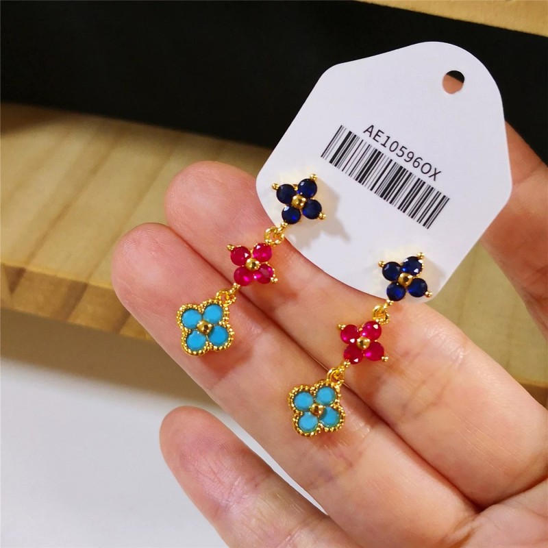 New Dopamine Four-leaf Clover Earrings French Retro Colorful Earrings with Rhinestones