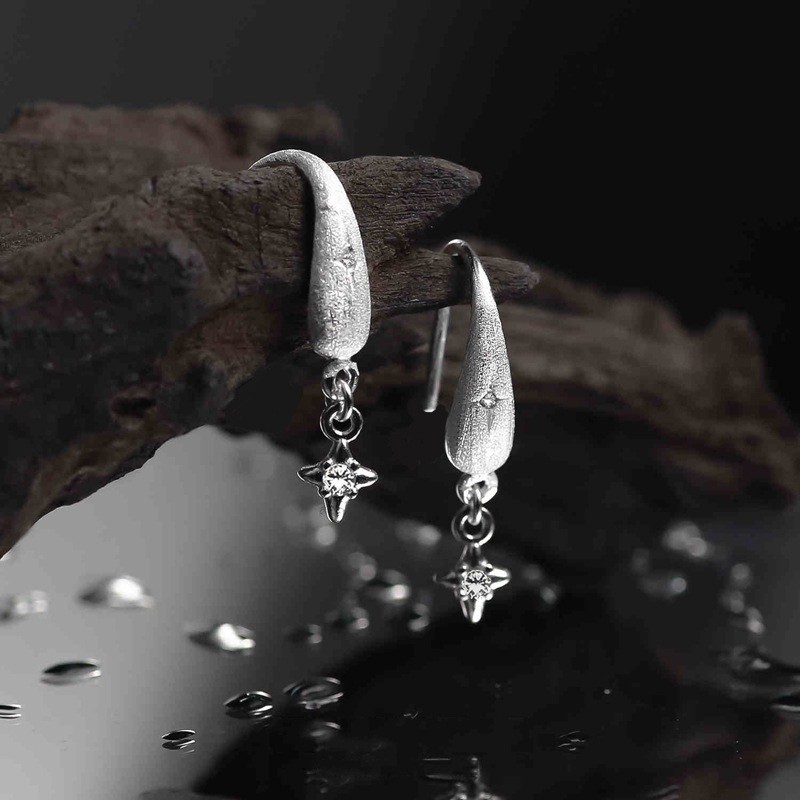 Cross Star Ear Hooks Fashion Unique Creative Sense Temperament Earrings Brushed Texture Four-Pointed Star Water Drop Inlaid Diamond Earrings