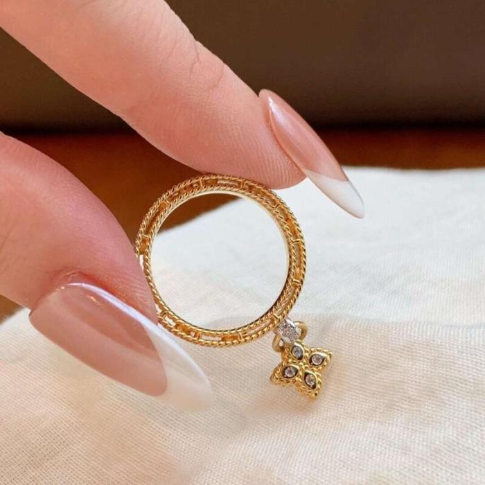 Vintage Style Old Flower Four-Leaf Clover Ring Light Luxury High-End Heavy Craft Brushed Adjustable Stone-Inlaid Women