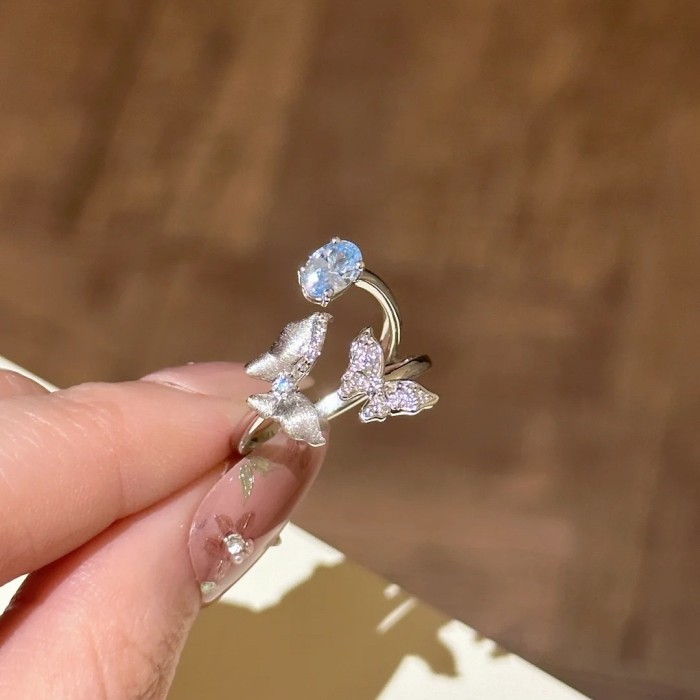 Super Fairy Butterfly Spring Edge Brushed Craft Butterfly Wing Water Drop Blue Topaz Ring Twin Butterfly Minimalist S...