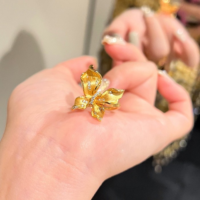 New Chinese Style Ancient Court Style Brushed Butterfly Flower Ring Inlaid with Zircon Exquisite Simple Niche Design Sense Ring