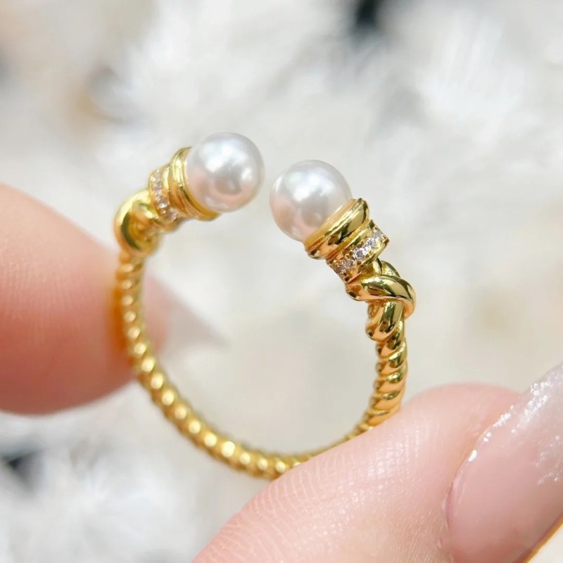 Vintage Second-Hand Pearl Ring Retro Full Diamond Elegant High-End Light Luxury Pearl Edge Lace Bamboo Knot Band Ring for Women