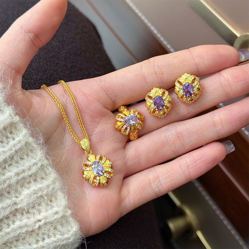 French Retro Purple Jasmine Ribbon Ring Noble Elegant Purple Zircon Stone Exquisite Gemstone