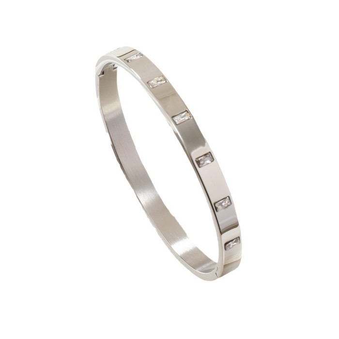 Cross-Border New O-Type Buckle Titanium Steel Bracelet Simple Versatile Horizontal Inlaid Rectangular Diamond Couple Stainless Steel Jewelry