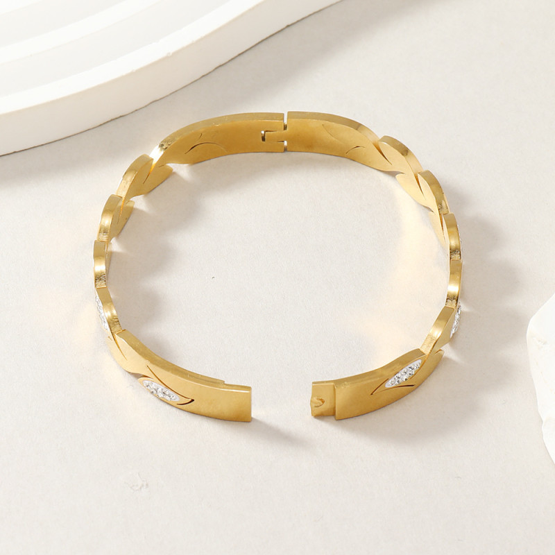 Cross-Border Stainless Steel Jewelry Cut Irregular Design Sense Gold Leaf Inlaid Diamond O-Shaped Spring Titanium Steel Bracelet Manufacturer