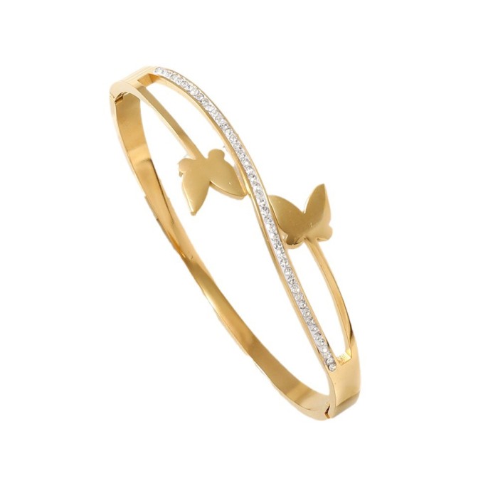 Stainless Steel Jewelry Fashion Light Luxury Style Double Line Butterfly Inlaid Mud Stone O-Type Buckle Titanium St...