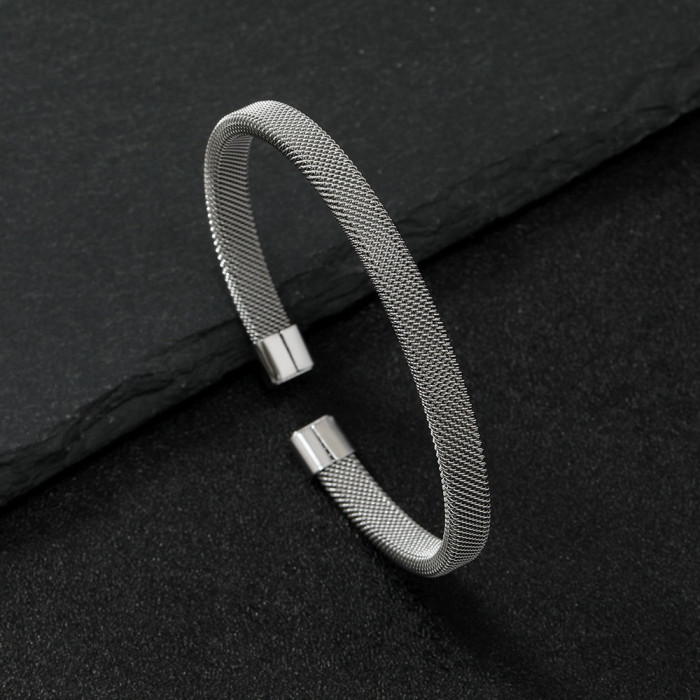 Cross-Border Fashion Stainless Steel Bracelet Simple Grid Steel Wire Open Bracelet Versatile Personality C-Shaped Bracelet Jewelry