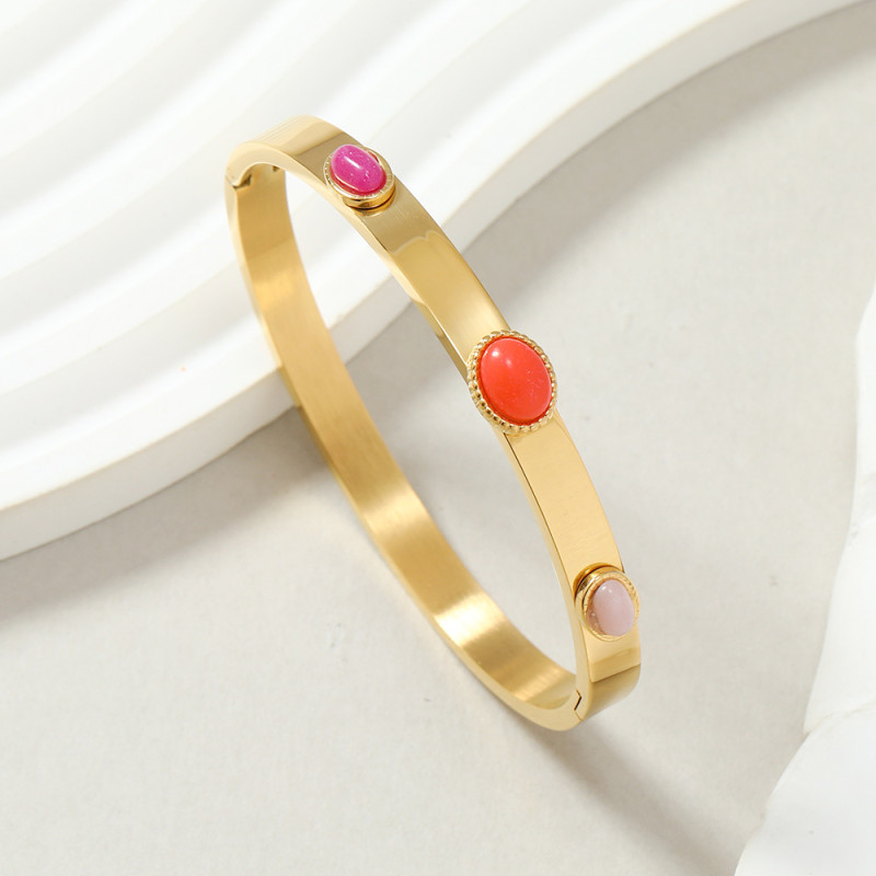 European and American Style Stainless Steel Jewelry Simple Elegant Colorful Gemstone Titanium Steel Bracelet Ring for Women Non-Fading Lightweight Jewelry