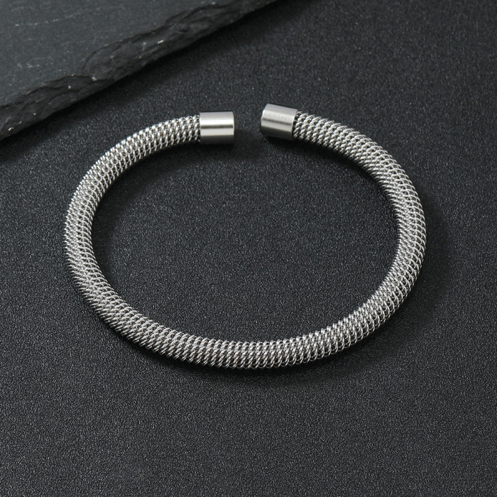 Stainless Steel Jewelry Personality Fashion Simple Punk Style Grid Steel Wire Elastic Open Titanium Steel Bracelet Ma...