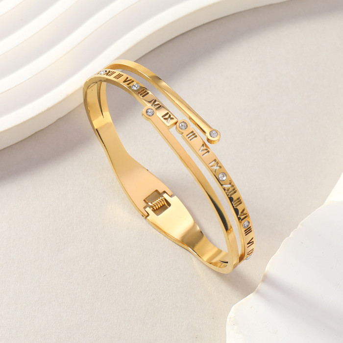 Jade Titanium Steel Bracelet for Women, High-End Fashion Versatile Roman Numeral Inlaid Diamond Stainless Steel Jewelry