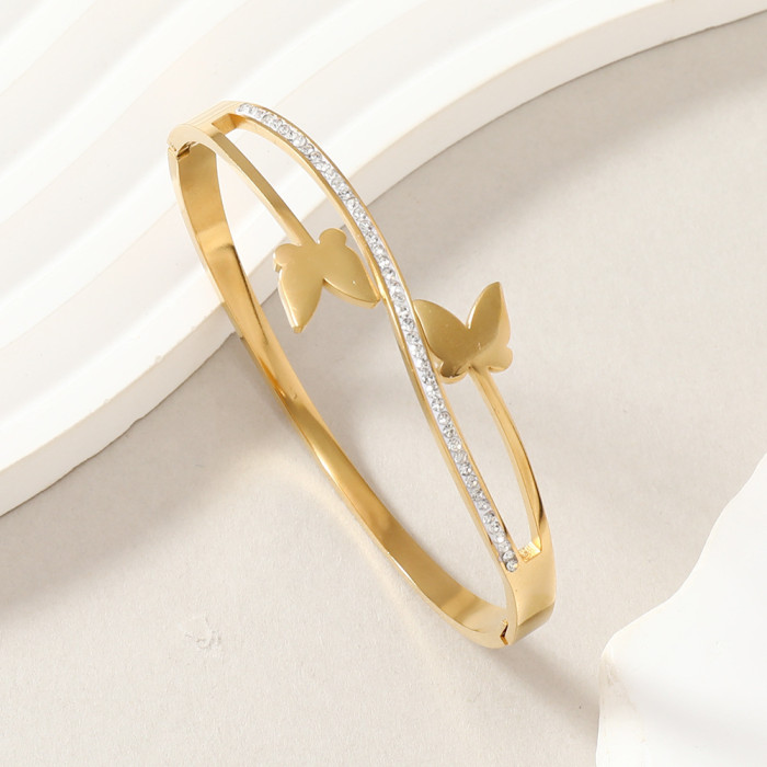 Stainless Steel Jewelry Fashion Light Luxury Style Double Line Butterfly Inlaid Mud Stone O-Type Buckle Titanium St...