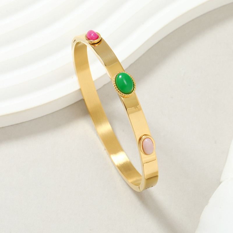 European and American Style Stainless Steel Jewelry Simple Elegant Colorful Gemstone Titanium Steel Bracelet Ring for Women Non-Fading Lightweight Jewelry