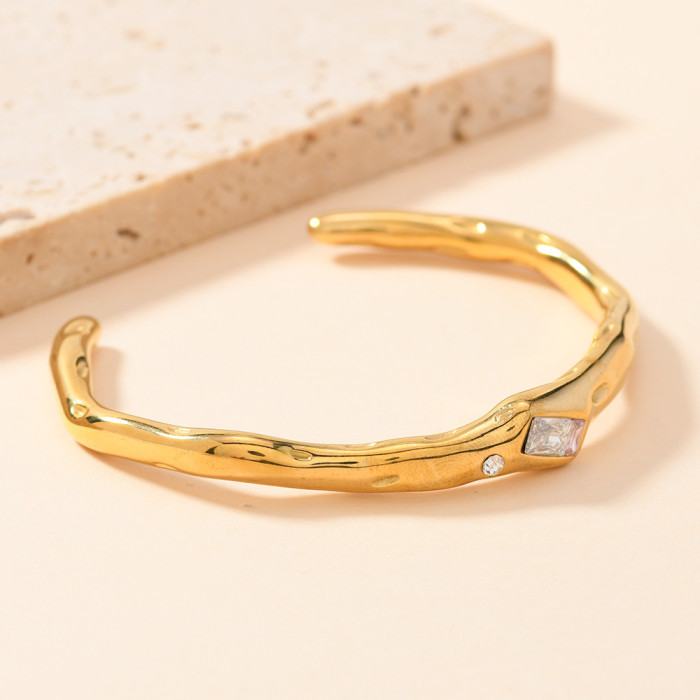 European and American Cross-Border Stainless Steel Bracelet Fashion Geometric Casting Irregular Inlaid Diamond Open Bangle 18K Gold Plated Jewelry