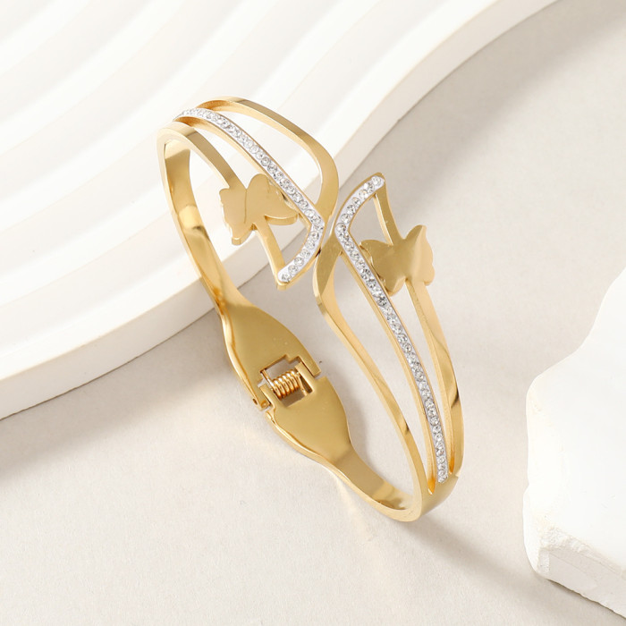 European and American Fashion Stainless Steel Jewelry Gold Open Luxury Butterfly Inlaid Diamond Bracelet Titanium Steel Spring Bracelet Factory