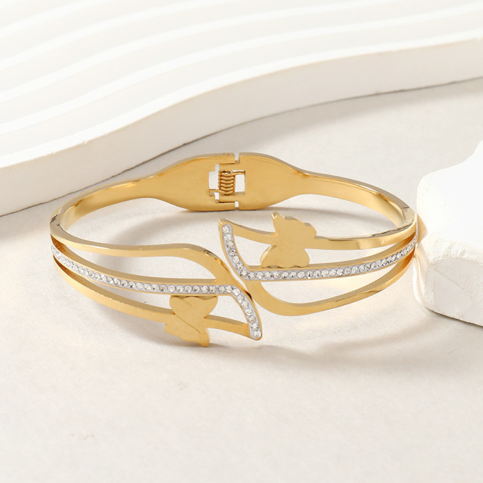 European and American Fashion Stainless Steel Jewelry Gold Open Luxury Butterfly Inlaid Diamond Bracelet Titanium Steel Spring Bracelet Factory