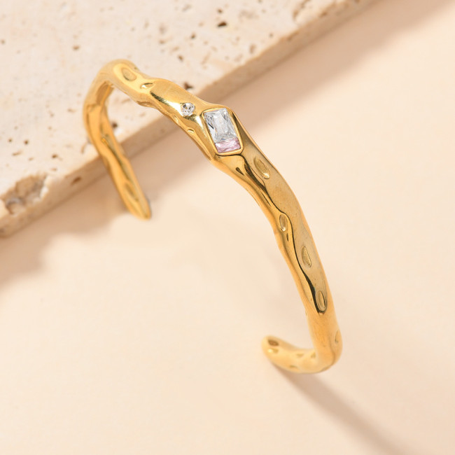 European and American Cross-Border Stainless Steel Bracelet Fashion Geometric Casting Irregular Inlaid Diamond Open Bangle 18K Gold Plated Jewelry