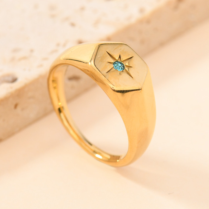 Cross-Border Hot Selling Stainless Steel Jewelry Fashion Casting Hexagonal Diamond Ring Eight-Pointed Star Ring Couple Ring