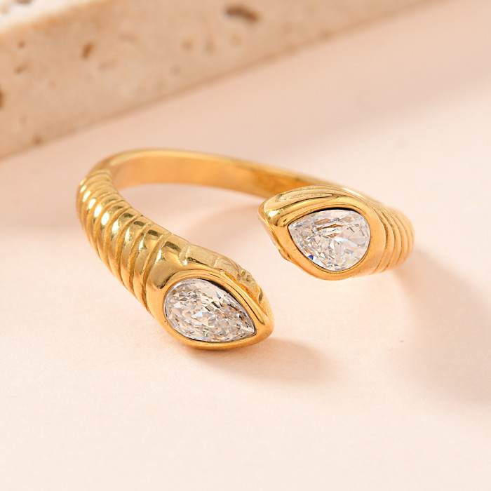 Cross-Border Hot Sale Stainless Steel Casting Jewelry Fashion Design Light Luxury Snake Head Inlaid Diamond Open Titanium Steel Couple Rings