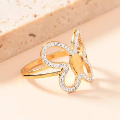 European and American Cross-Border Titanium Steel Ring INS Style Hollow Butterfly Inlaid Diamond Ring Exquisite 18K Plated Stainless Steel Jewelry Factory