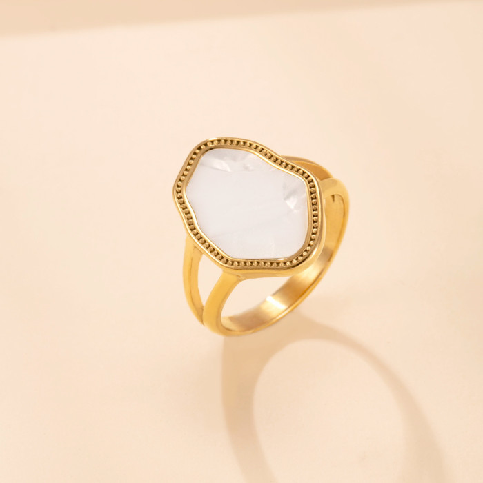 Hot-Selling Stainless Steel Ring Embossed Irregular White Shell Index Finger Ring Vintage High-End Titanium Steel Jew...