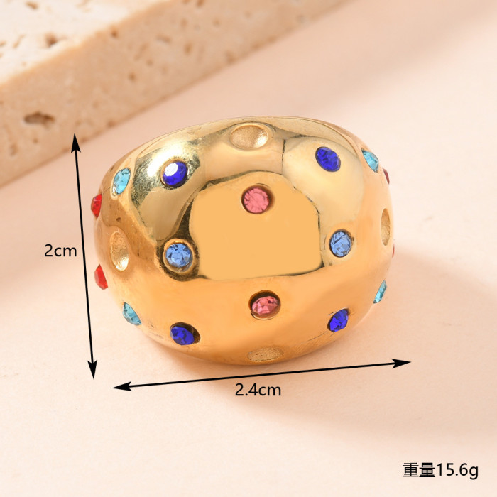 European and American Court Style Stainless Steel Ring Fashionable Light Luxury Cast Planet Colorful Rhinestone Ring Women's Jewelry