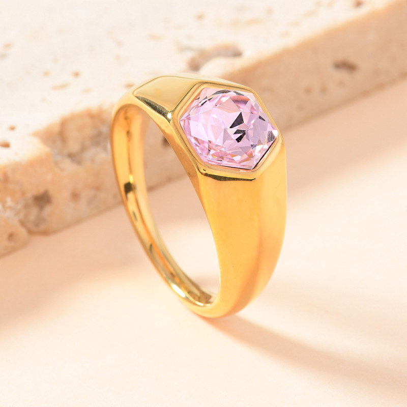 European and American Stainless Steel Jewelry Casting Hexagonal Inlaid Colorful Diamond Ring Unisex Fashion Personality Titanium Steel Ring