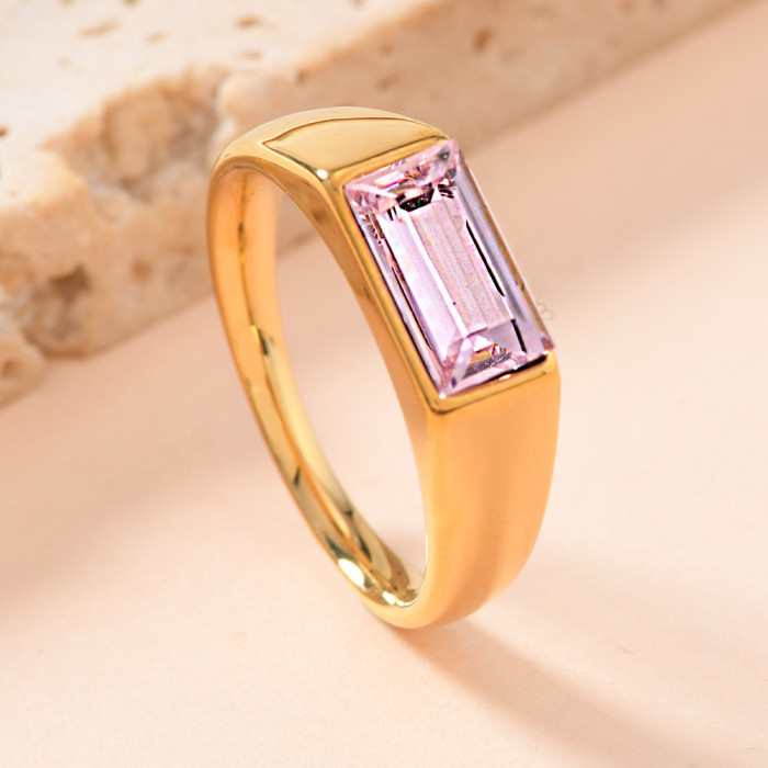 Cross-Border Fashion Simple Ring for Women, Unique Trendy Cast Rectangular Colorful Diamond Ring, 18K Gold Plated Ring Jewelry