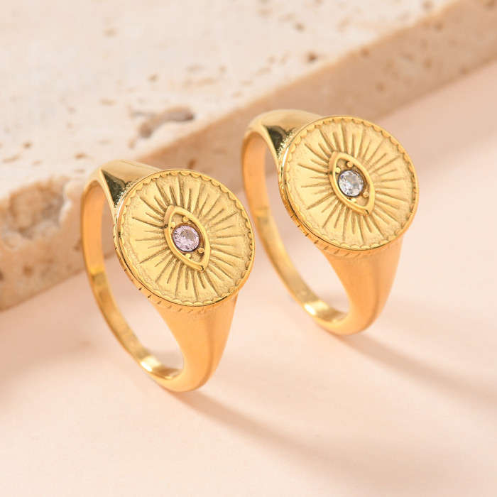European and American Retro Devil's Eye Ring Fashion Versatile Cast Round Plate Eye Inlaid Diamond Ring Stainless Steel Jewelry