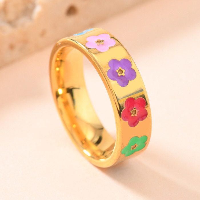 European and American Titanium Steel Jewelry Creative Cute Gold Colorful Oil Flower Heart Stainless Steel Ring for Women Manufacturer