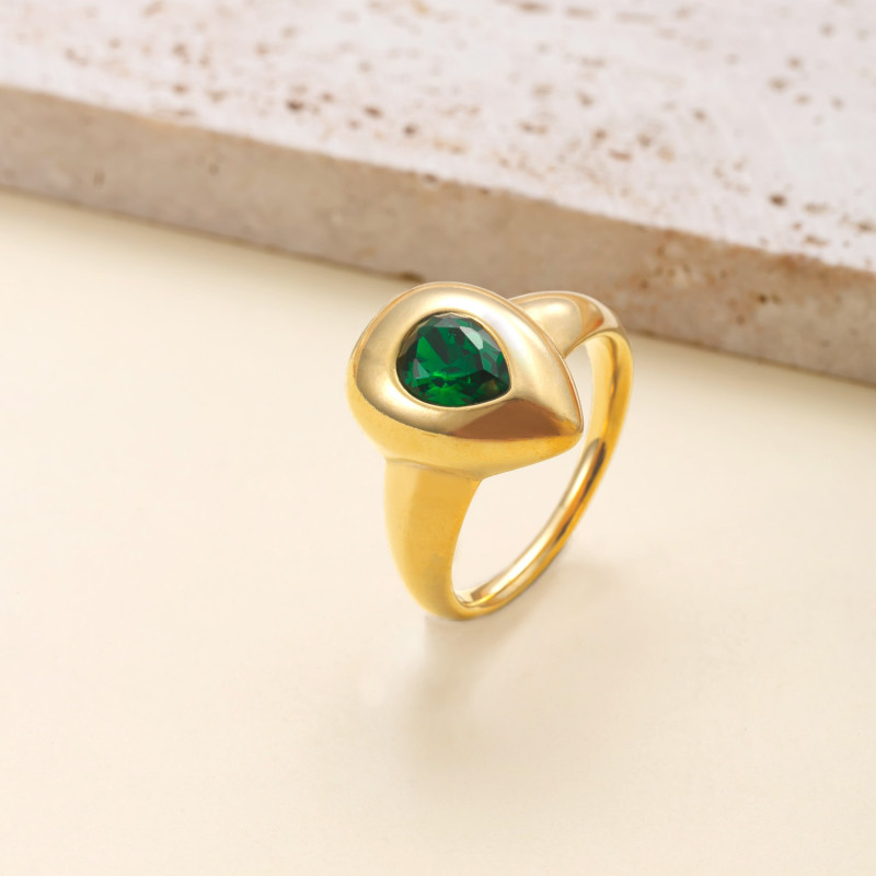 Cross-Border New Titanium Steel Ring Cast Water Drop Shape Diamond-Studded Ring High-End Feel 18k Gold Plated Stainless Steel Jewelry Factory