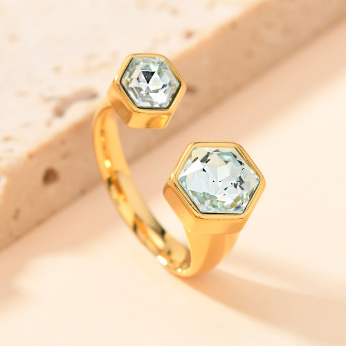 Cross-Border New Stainless Steel Casting Jewelry Simple Luxury Hexagonal Inlaid Diamond Ring Open Ring Manufacturer Wholesale