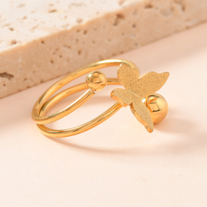 Cross-Border European and American Style Stainless Steel Ring Light Luxury Temperament Frosted Butterfly Welded Steel Ball Ring Women's Open Hand Jewelry Wholesale