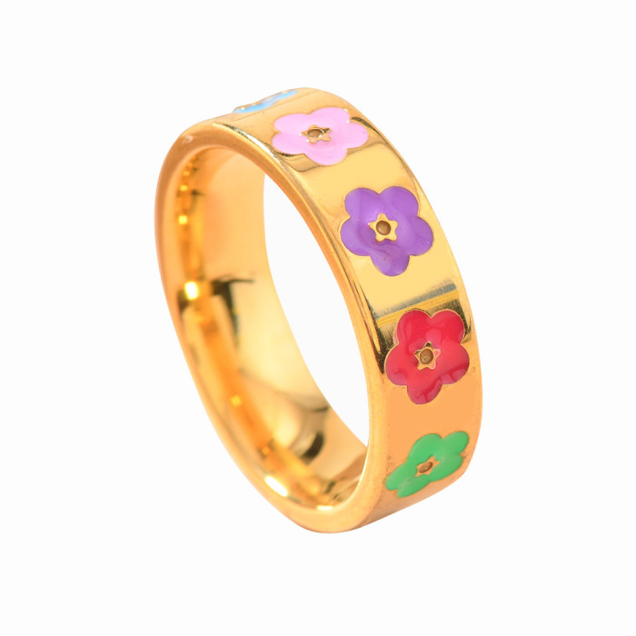 European and American Titanium Steel Jewelry Creative Cute Gold Colorful Oil Flower Heart Stainless Steel Ring for Women Manufacturer