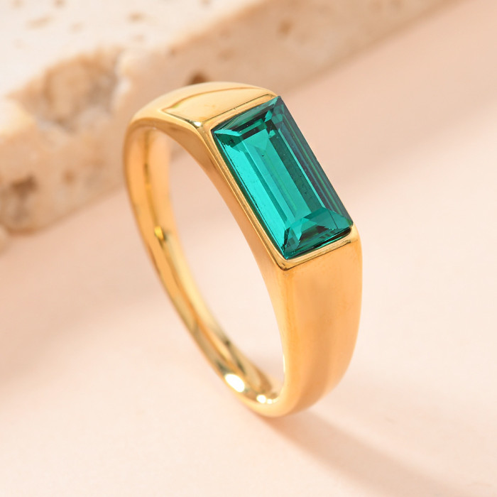 Cross-Border Fashion Simple Ring for Women, Unique Trendy Cast Rectangular Colorful Diamond Ring, 18K Gold Plated Ring Jewelry