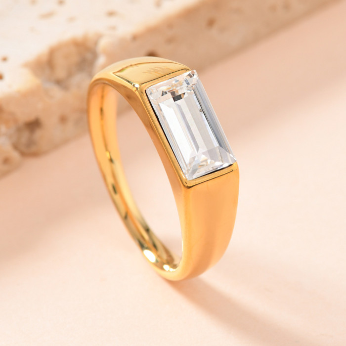 Cross-Border Fashion Simple Ring for Women, Unique Trendy Cast Rectangular Colorful Diamond Ring, 18K Gold Plated Ring Jewelry