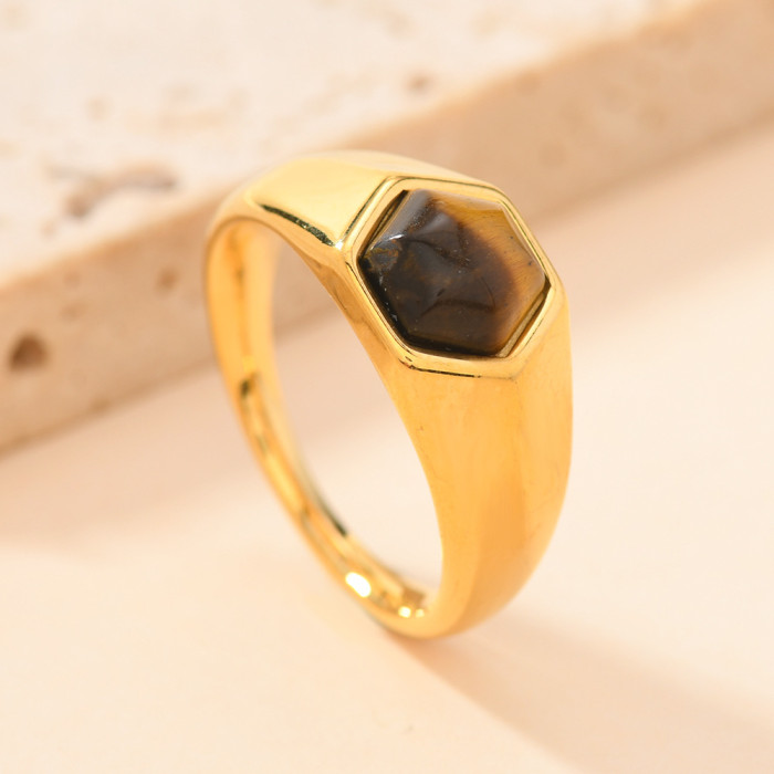 Cross-Border European and American Style Stainless Steel Jewelry Light Luxury Style Cast Hexagonal Natural Stone Gemstone Titanium Steel Ring Wholesale