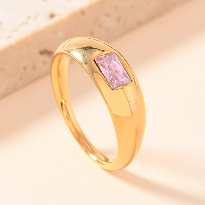 European and American New Titanium Steel Ring Casting Inlaid Square Colored Diamond Ring Simple Fashion 18k Gold Plated Ring Wholesale