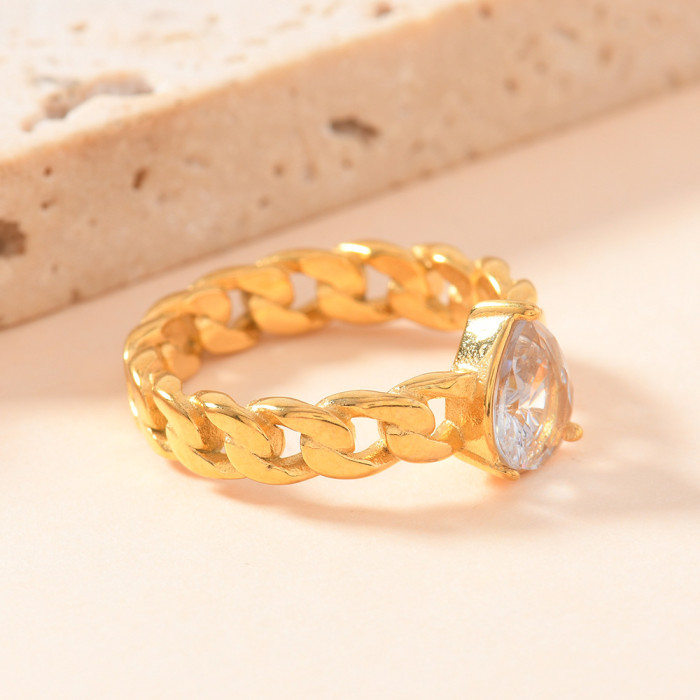 Cross-border New Titanium Steel Ring Fashion Water Drop Shape Inlaid Zircon Chain Ring Light Luxury High-end Feel Stainless Steel Jewelry