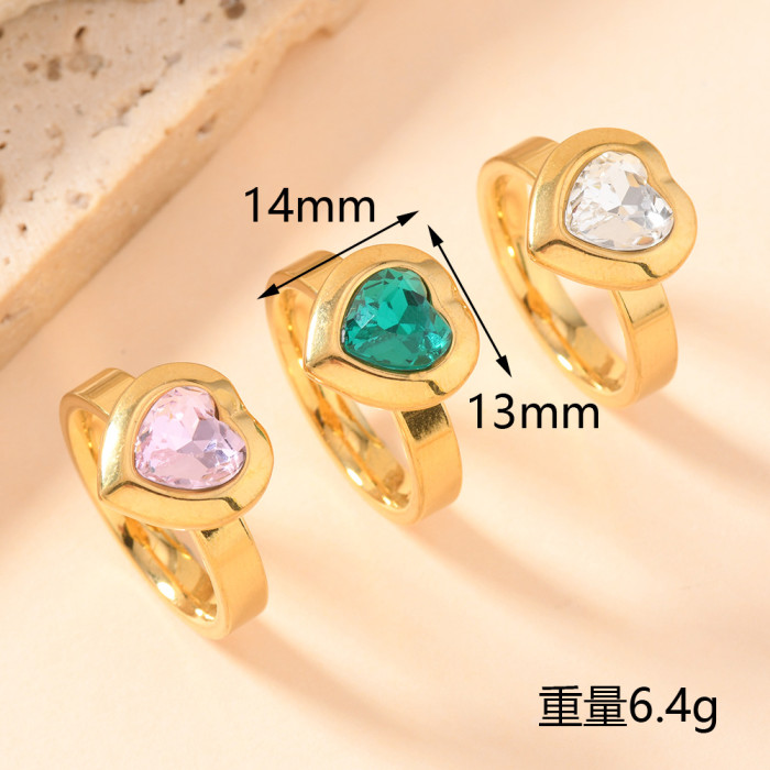 Cross-Border European and American Stainless Steel Jewelry Casting Heart Zircon Ring for Women Niche High-End Feel 18K Gold Plated Ring Factory