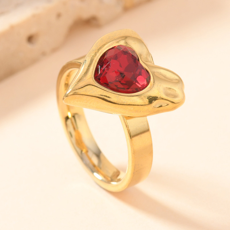 European and American New Style Titanium Steel Jewelry Welded Heart Natural Stone Ring for Women Light Luxury Personality Couple Ring Wholesale Factory