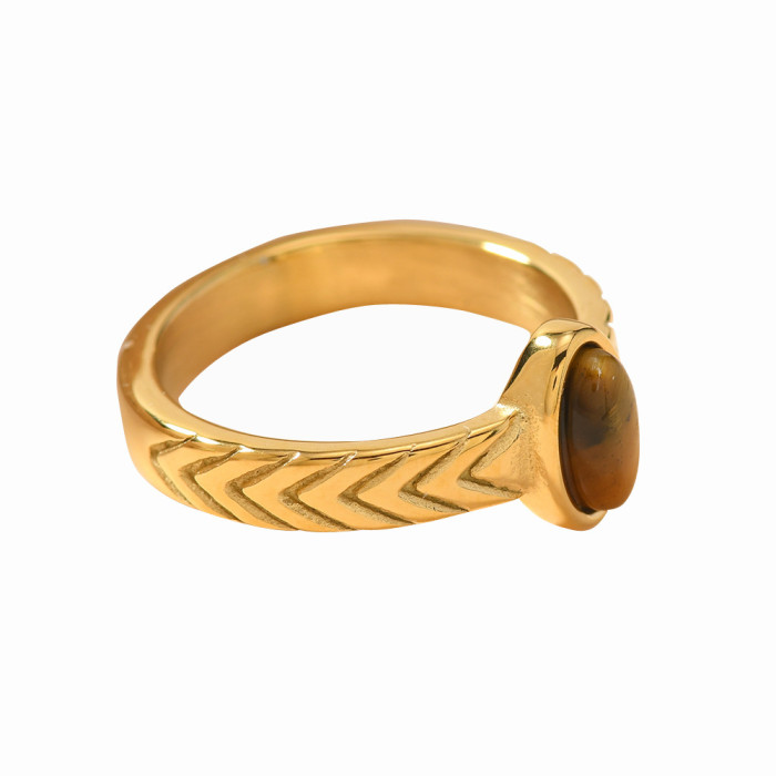 Design Sense Casting Inlaid Oval Natural Stone Titanium Steel Ring Gorgeous Fashion 18K Gold Plated Stainless Steel J...