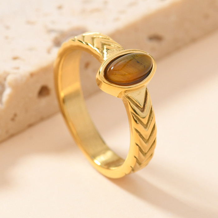 Design Sense Casting Inlaid Oval Natural Stone Titanium Steel Ring Gorgeous Fashion 18K Gold Plated Stainless Steel J...