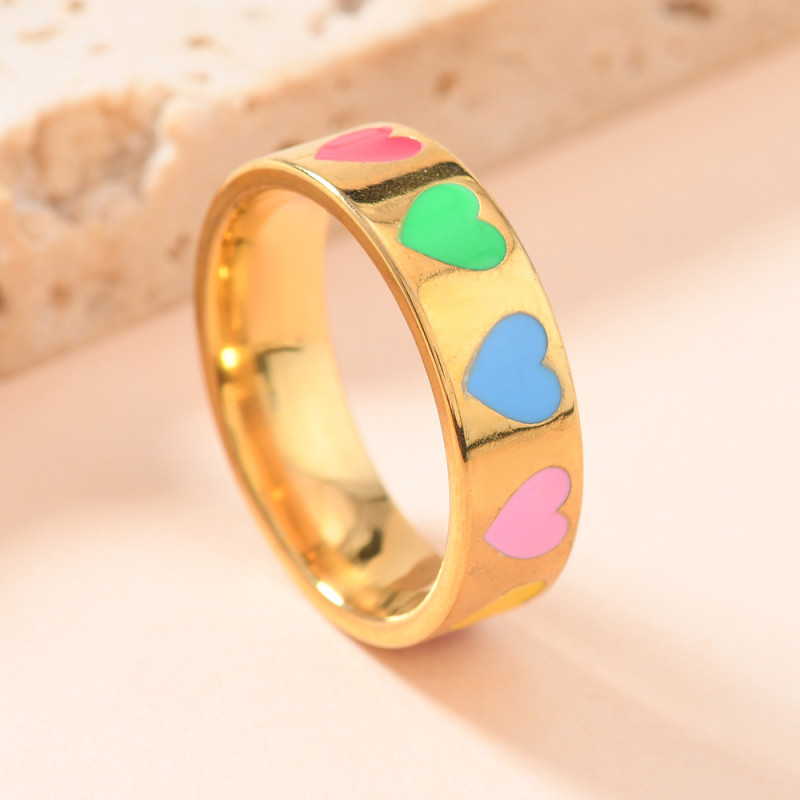 European and American Titanium Steel Jewelry Creative Cute Gold Colorful Oil Flower Heart Stainless Steel Ring for Women Manufacturer