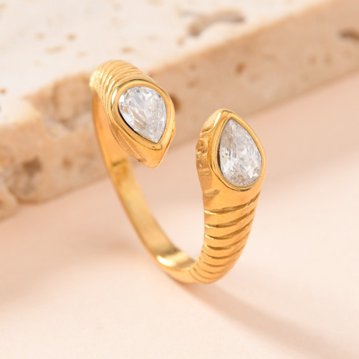 Cross-Border Hot Sale Stainless Steel Casting Jewelry Fashion Design Light Luxury Snake Head Inlaid Diamond Open Titanium Steel Couple Rings