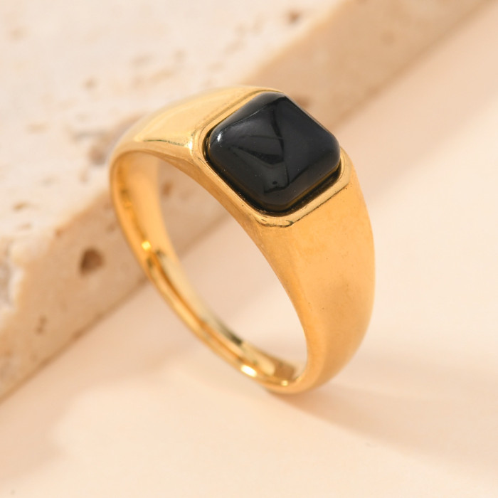 European and American Cross-Border Hot-Selling Titanium Steel Jewelry Casting Inlaid Geometric Natural Stone Ring Light Luxury Simple Couple Ring Wholesale