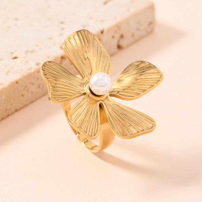 Titanium Steel Ring Personality Fashion Hydraulic Flower Inlaid Pearl Open Ring Simple Stainless Steel Jewelry